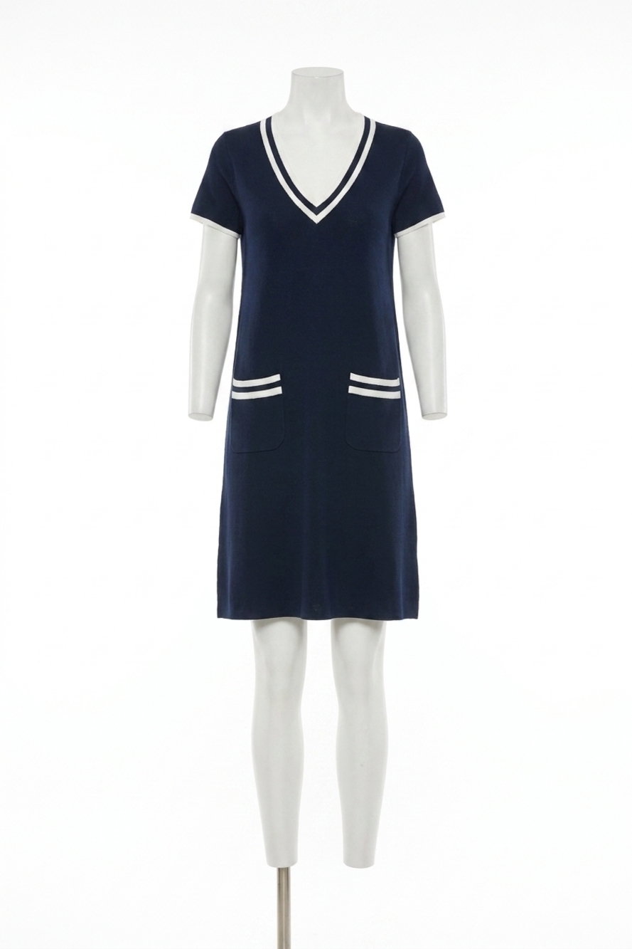 NEW JOSEPH RIBKOFF striped rib trim a-line dress in indigo/vanilla